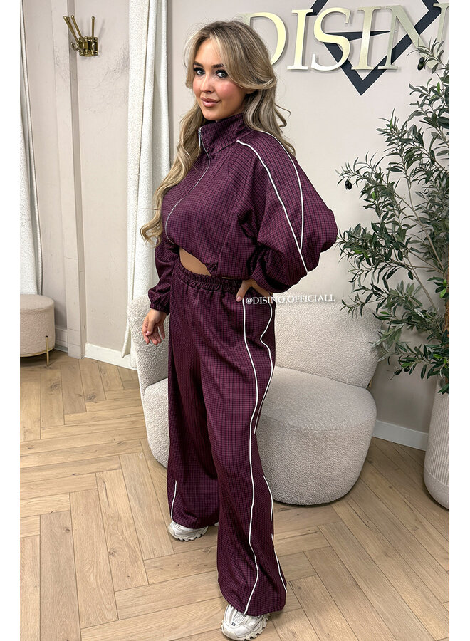 BURGUNDY - 'CHECKED ZAHRA SET' - SPORTY STRIPES TRACK JACKET + JOGGER SET