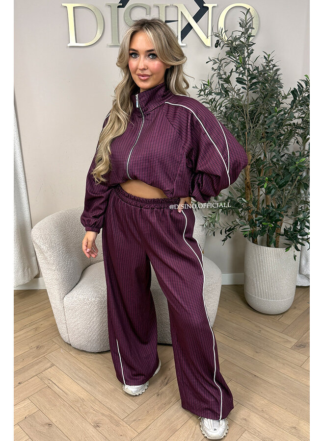 BURGUNDY - 'CHECKED ZAHRA SET' - SPORTY STRIPES TRACK JACKET + JOGGER SET