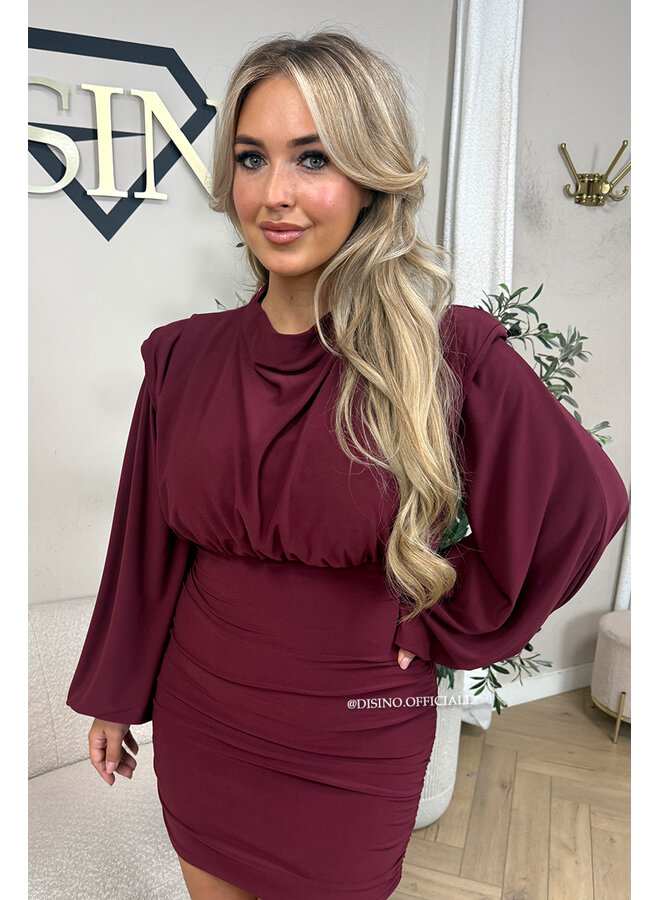BURGUNDY – ‘CLARICE DRESS’ – DRAPED BALLOON SLEEVE RUCHED DRESS