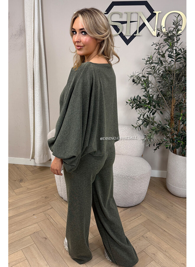 OLIVE GREEN – ‘MAURA SET’ – BATWING TOP + WIDE LEG TROUSERS SET