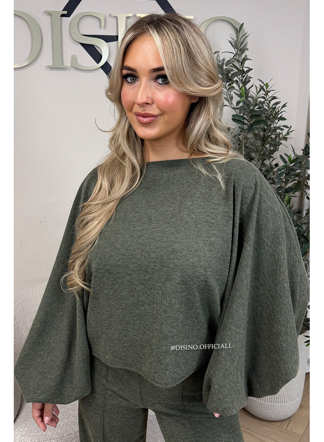 OLIVE GREEN – ‘MAURA SET’ – BATWING TOP + WIDE LEG TROUSERS SET