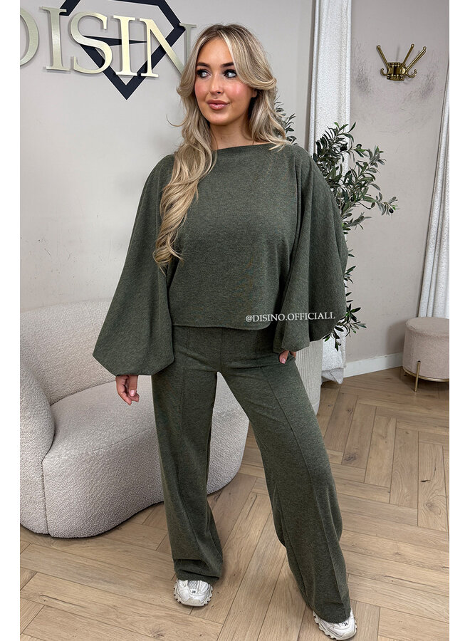 OLIVE GREEN – ‘MAURA SET’ – BATWING TOP + WIDE LEG TROUSERS SET