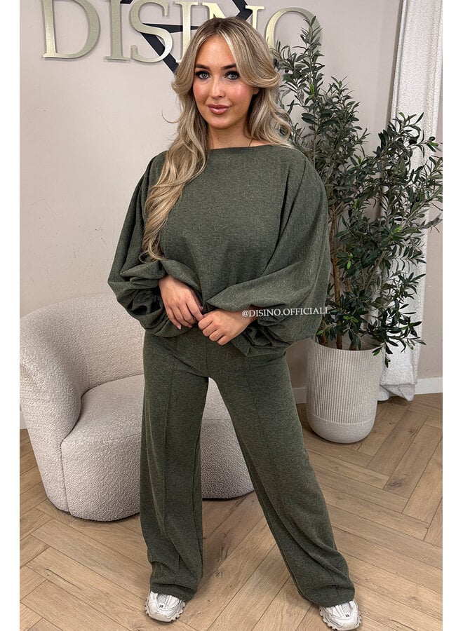 OLIVE GREEN – ‘MAURA SET’ – BATWING TOP + WIDE LEG TROUSERS SET