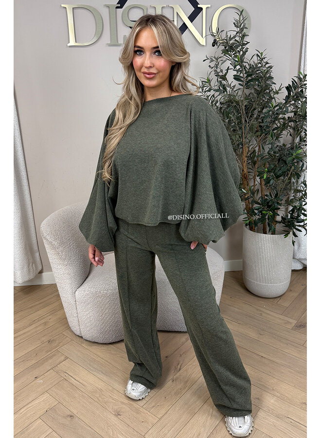 OLIVE GREEN – ‘MAURA SET’ – BATWING TOP + WIDE LEG TROUSERS SET