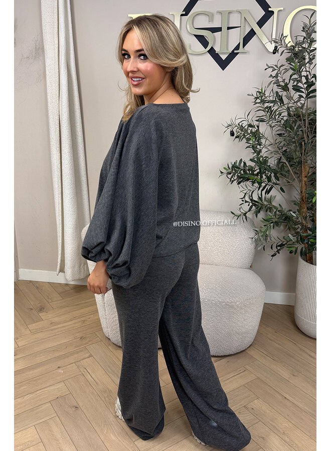 DARK GREY – ‘MAURA SET’ – BATWING TOP + WIDE LEG TROUSERS SET