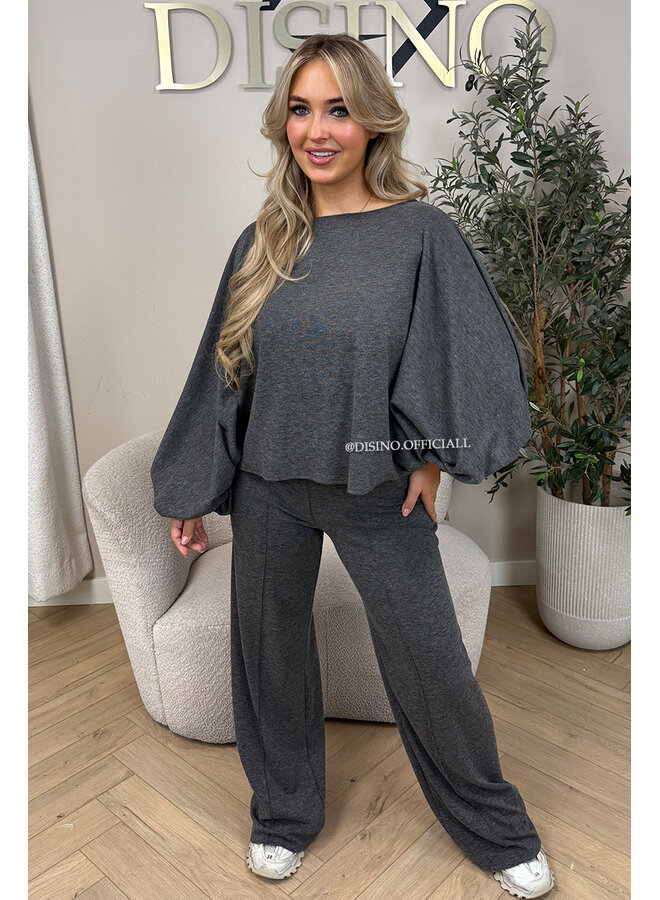 DARK GREY – ‘MAURA SET’ – BATWING TOP + WIDE LEG TROUSERS SET