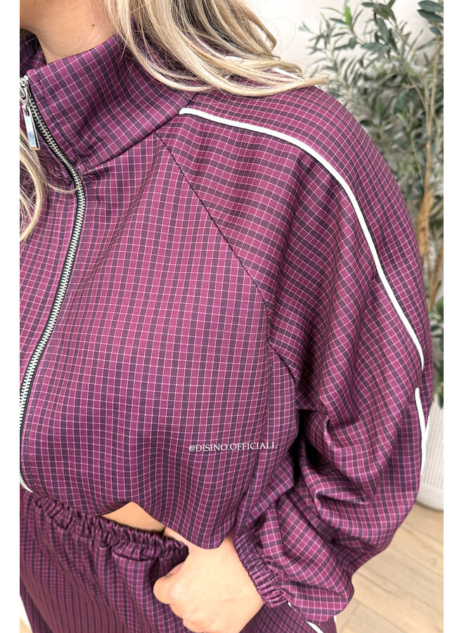 BURGUNDY - 'CHECKED ZAHRA SET' - SPORTY STRIPES TRACK JACKET + JOGGER SET