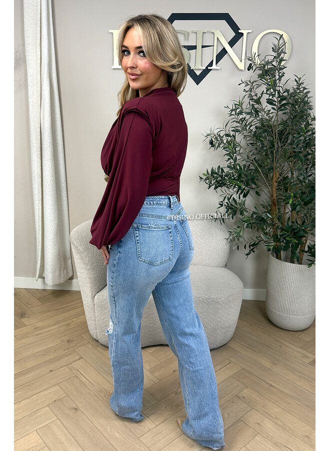 BURGUNDY – ‘CLARICE TOP’ – DRAPED BALLOON SLEEVE RUCHED TOP