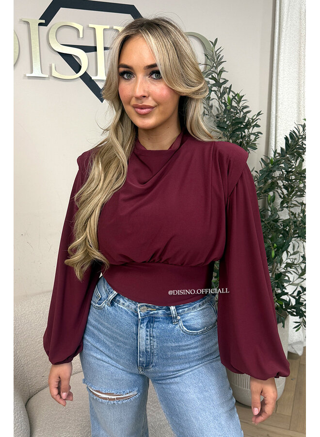 BURGUNDY – ‘CLARICE TOP’ – DRAPED BALLOON SLEEVE RUCHED TOP