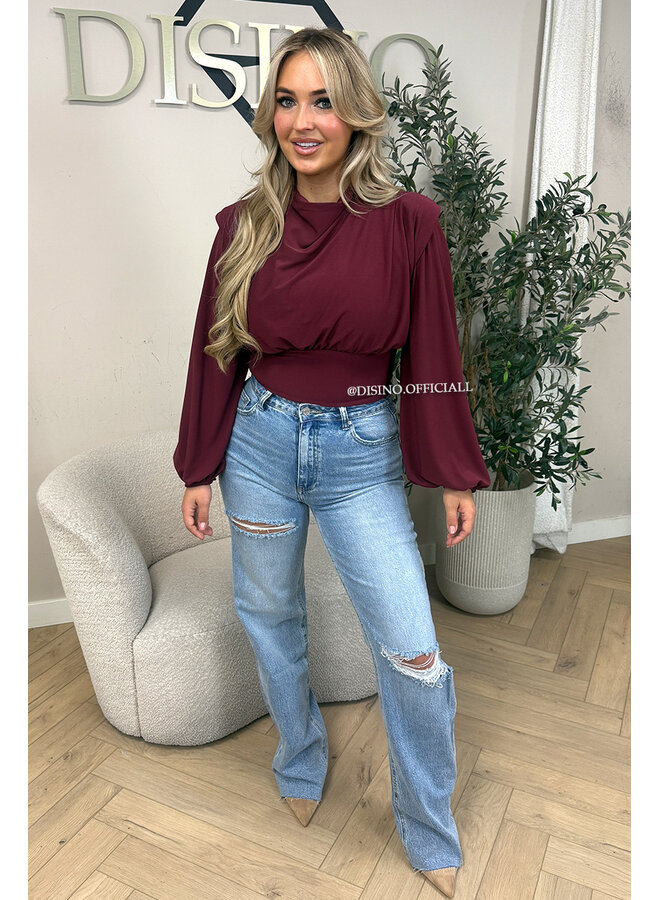 BURGUNDY – ‘CLARICE TOP’ – DRAPED BALLOON SLEEVE RUCHED TOP