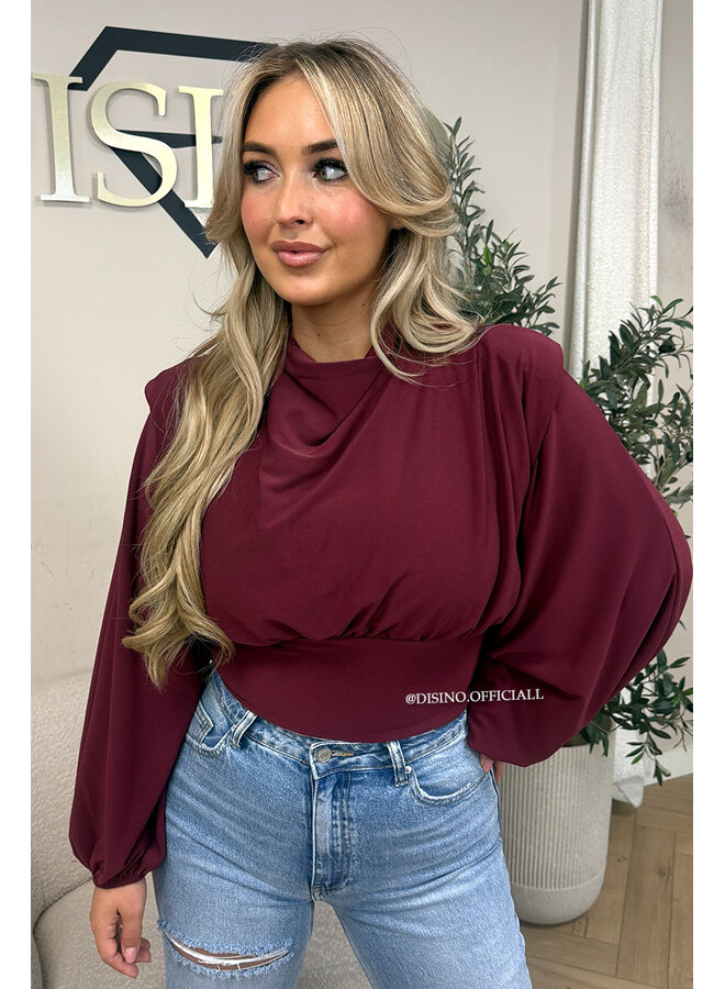 BURGUNDY – ‘CLARICE TOP’ – DRAPED BALLOON SLEEVE RUCHED TOP