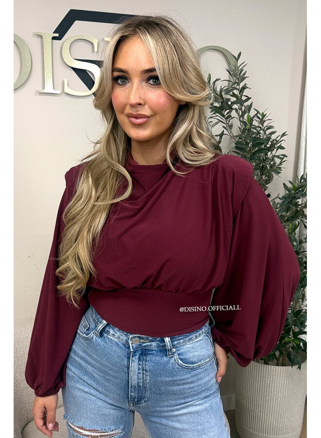 BURGUNDY – ‘CLARICE TOP’ – DRAPED BALLOON SLEEVE RUCHED TOP