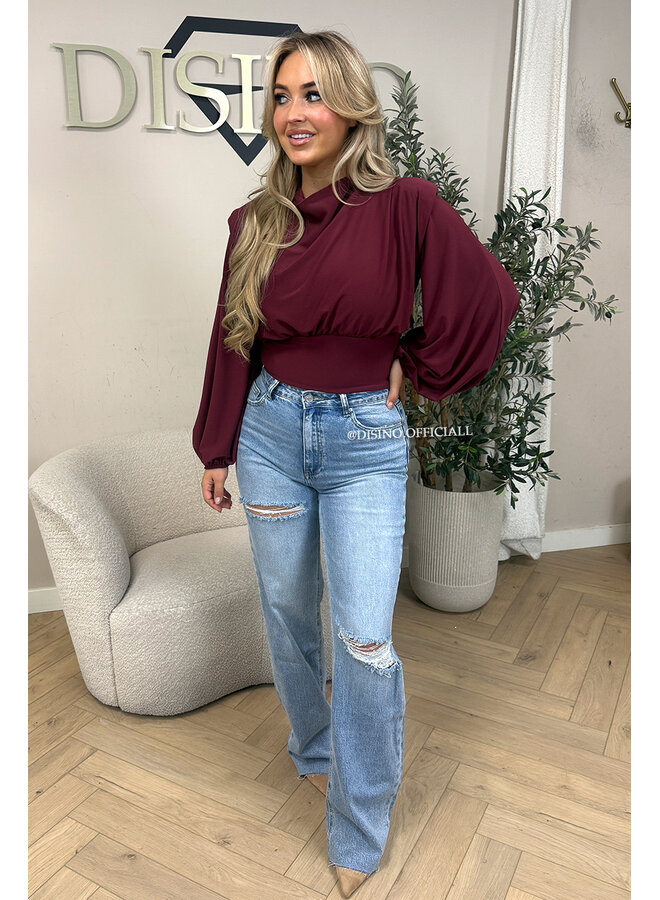 BURGUNDY – ‘CLARICE TOP’ – DRAPED BALLOON SLEEVE RUCHED TOP