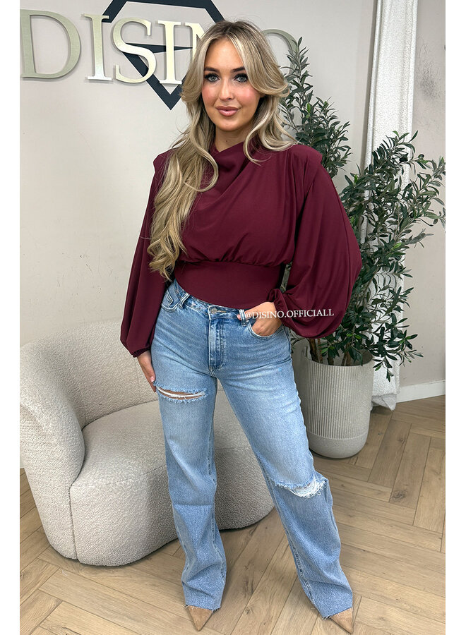 BURGUNDY – ‘CLARICE TOP’ – DRAPED BALLOON SLEEVE RUCHED TOP