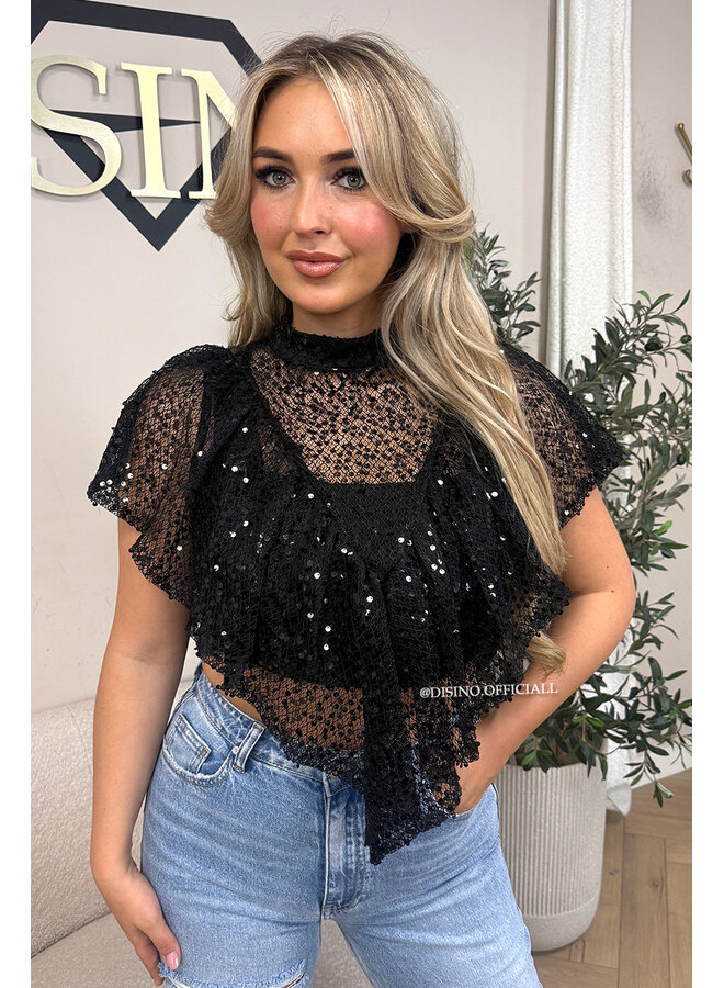 BLACK – ‘ZIVA TOP’ – HIGH NECK SEQUIN CAPE TOP