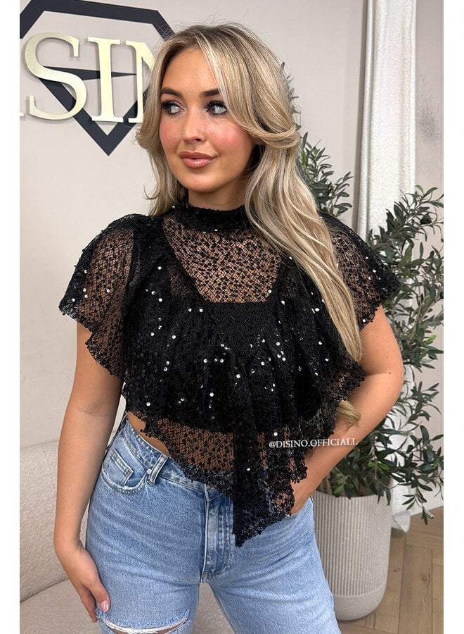 BLACK – ‘ZIVA TOP’ – HIGH NECK SEQUIN CAPE TOP