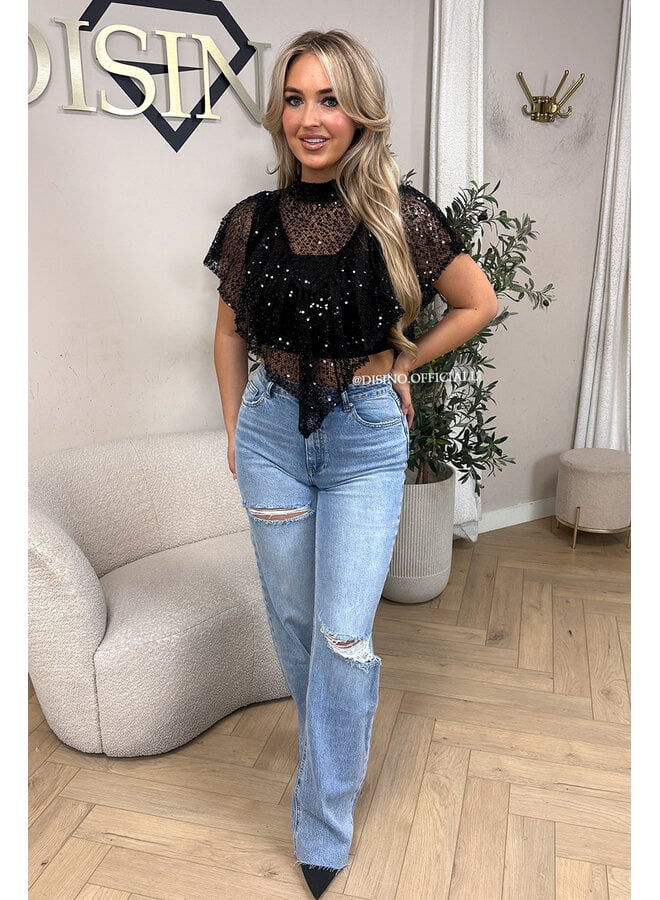 BLACK – ‘ZIVA TOP’ – HIGH NECK SEQUIN CAPE TOP