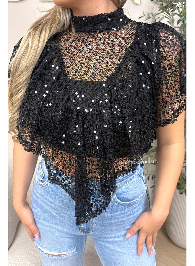 BLACK – ‘ZIVA TOP’ – HIGH NECK SEQUIN CAPE TOP