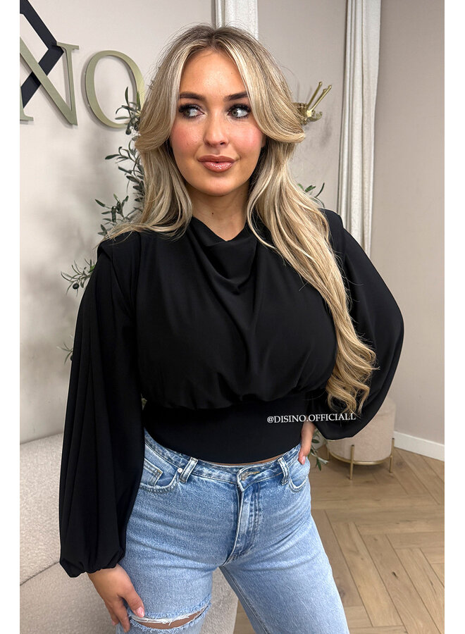 BLACK – ‘CLARICE TOP’ – DRAPED BALLOON SLEEVE RUCHED TOP