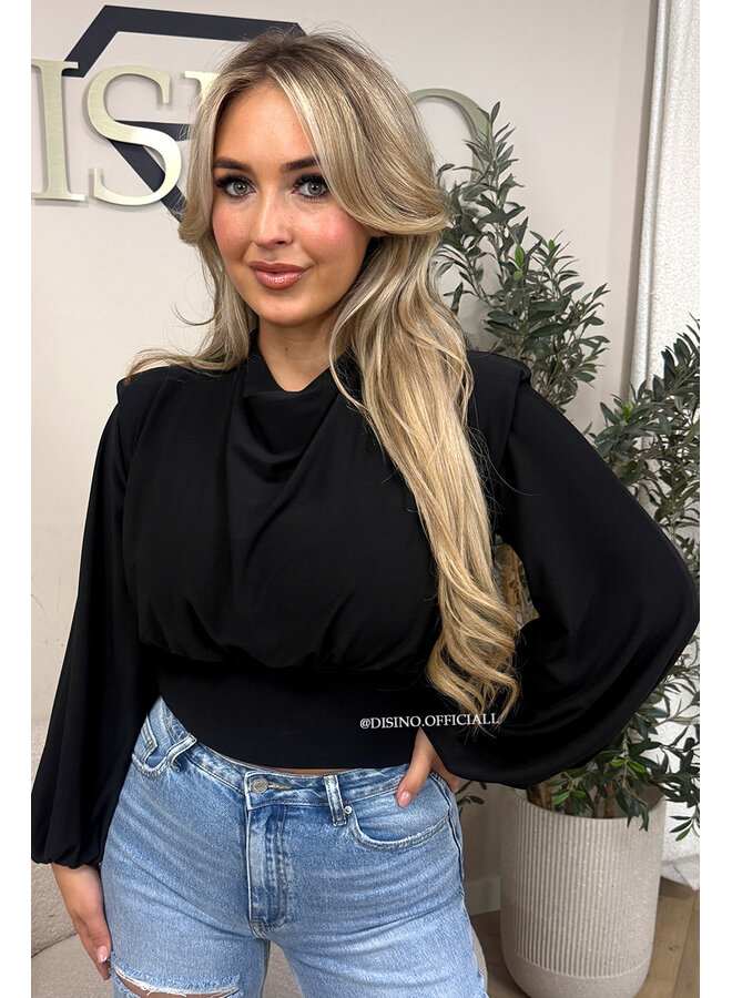 BLACK – ‘CLARICE TOP’ – DRAPED BALLOON SLEEVE RUCHED TOP