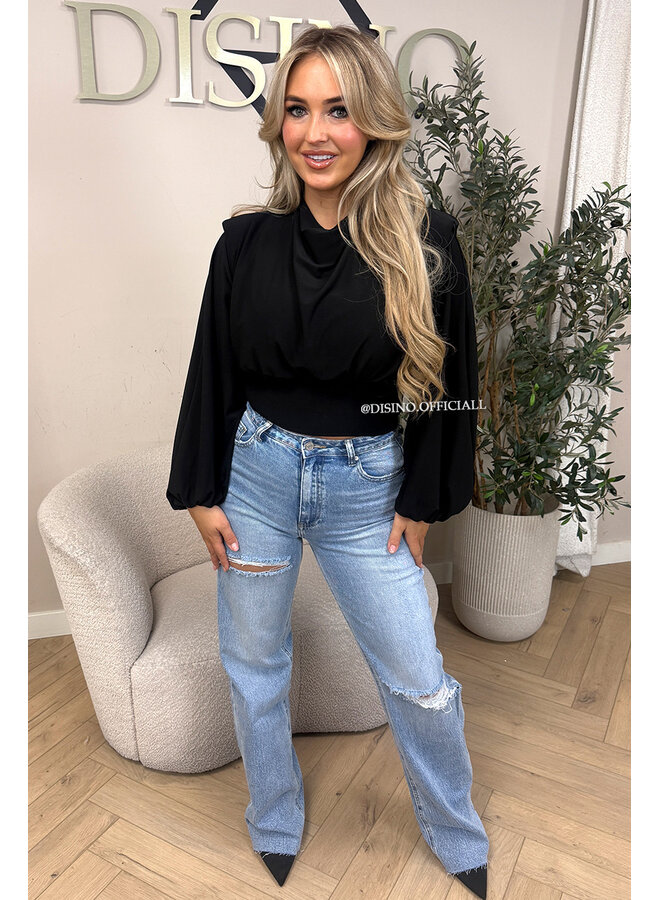 BLACK – ‘CLARICE TOP’ – DRAPED BALLOON SLEEVE RUCHED TOP