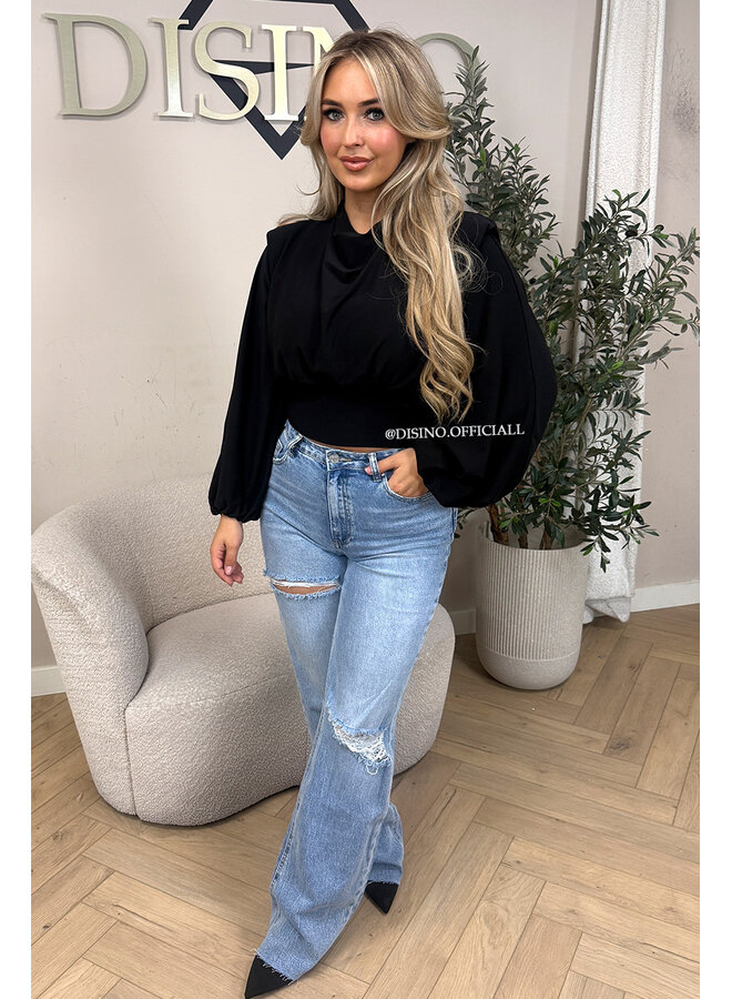 BLACK – ‘CLARICE TOP’ – DRAPED BALLOON SLEEVE RUCHED TOP
