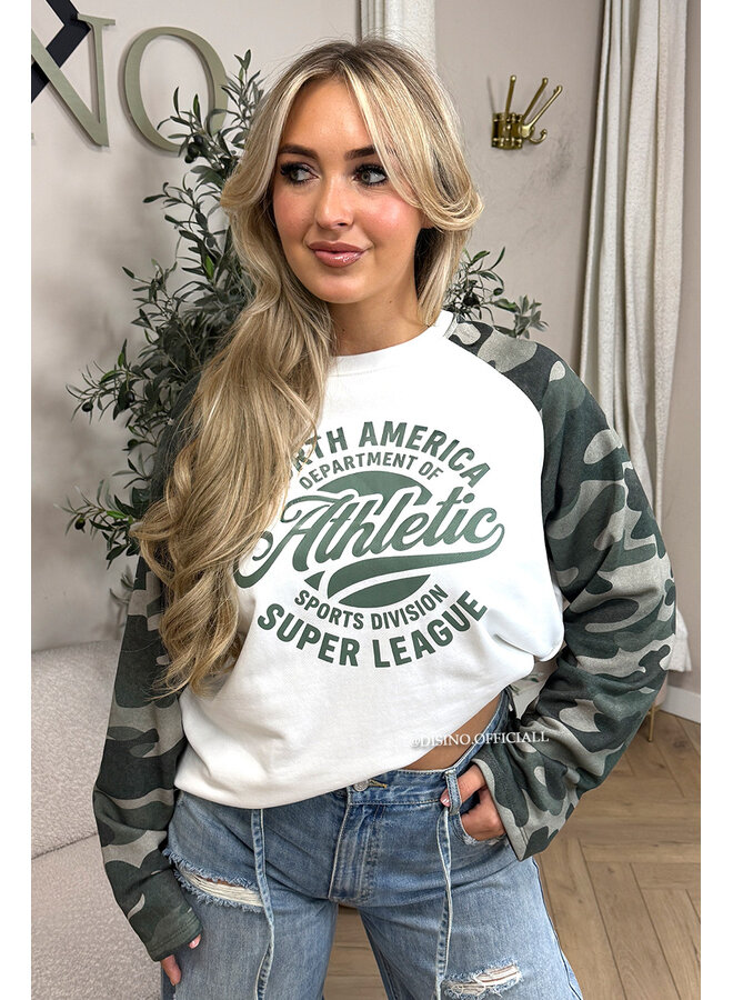 ARMY GREEN - 'ATHLETIC LEAGUE' - OVERSIZED CAMO SLEEVES LONGSLEEVE SWEATER