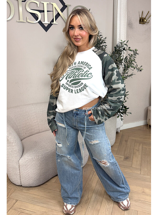 ARMY GREEN - 'ATHLETIC LEAGUE' - OVERSIZED CAMO SLEEVES LONGSLEEVE SWEATER