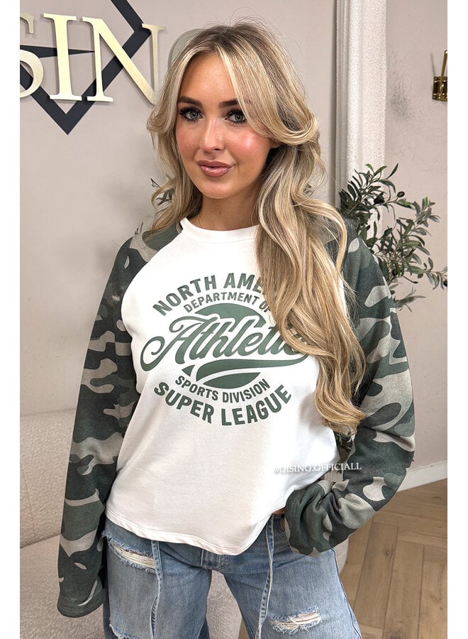ARMY GREEN - 'ATHLETIC LEAGUE' - OVERSIZED CAMO SLEEVES LONGSLEEVE SWEATER