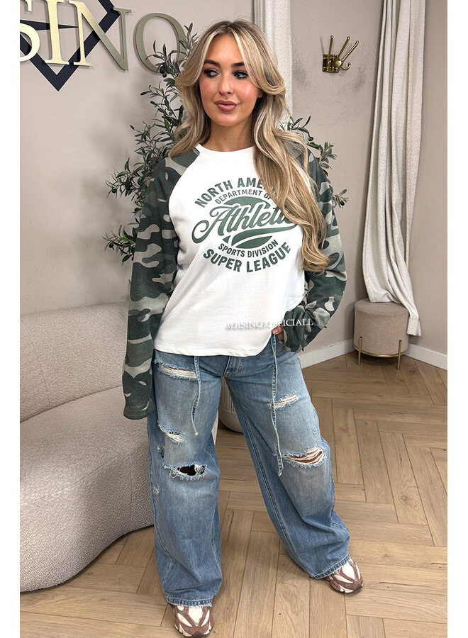 ARMY GREEN - 'ATHLETIC LEAGUE' - OVERSIZED CAMO SLEEVES LONGSLEEVE SWEATER
