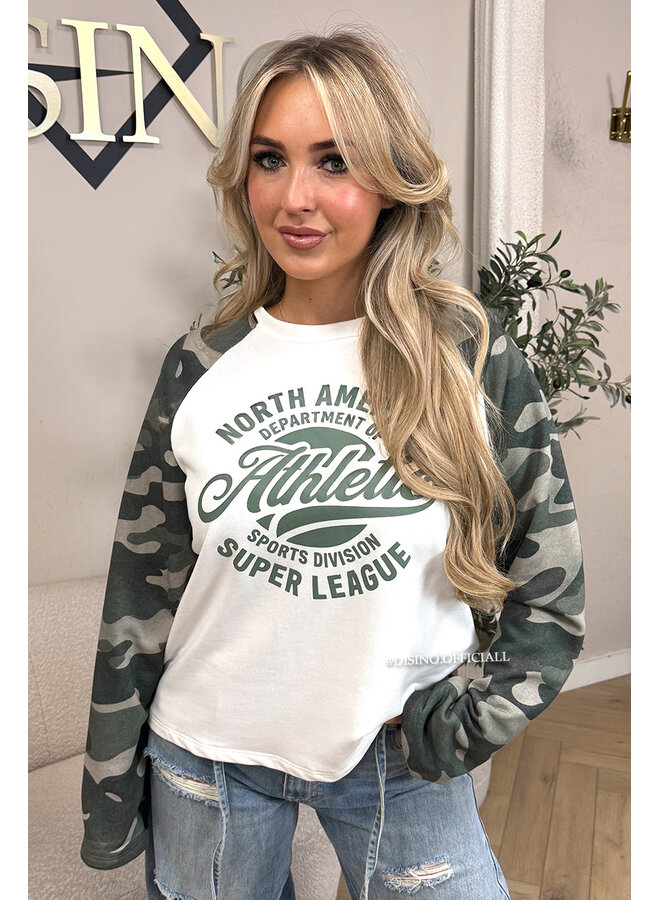 ARMY GREEN - 'ATHLETIC LEAGUE' - OVERSIZED CAMO SLEEVES LONGSLEEVE SWEATER