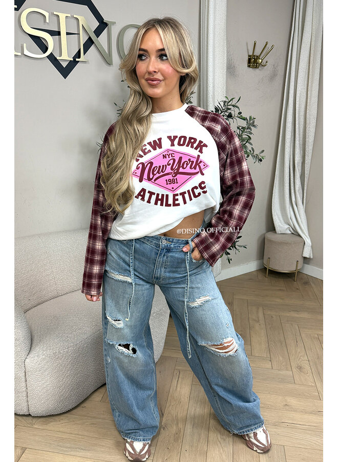 BURGUNDY - 'NEW YORK ATHLETICS' - OVERSIZED CHECKED SLEEVES LONGSLEEVE SWEATER