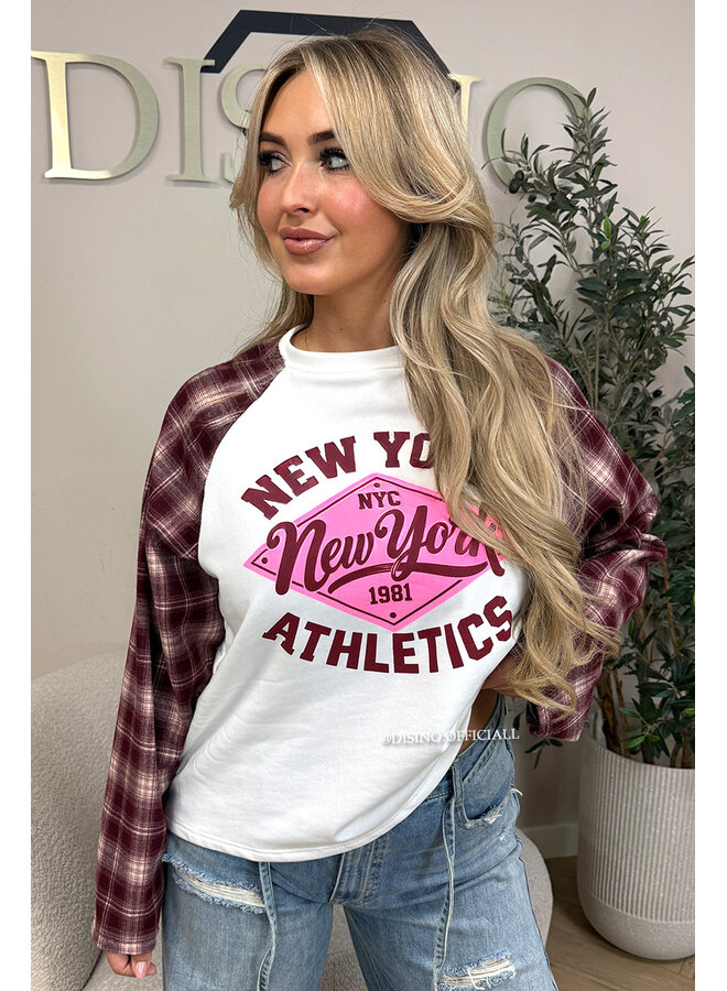 BURGUNDY - 'NEW YORK ATHLETICS' - OVERSIZED CHECKED SLEEVES LONGSLEEVE SWEATER