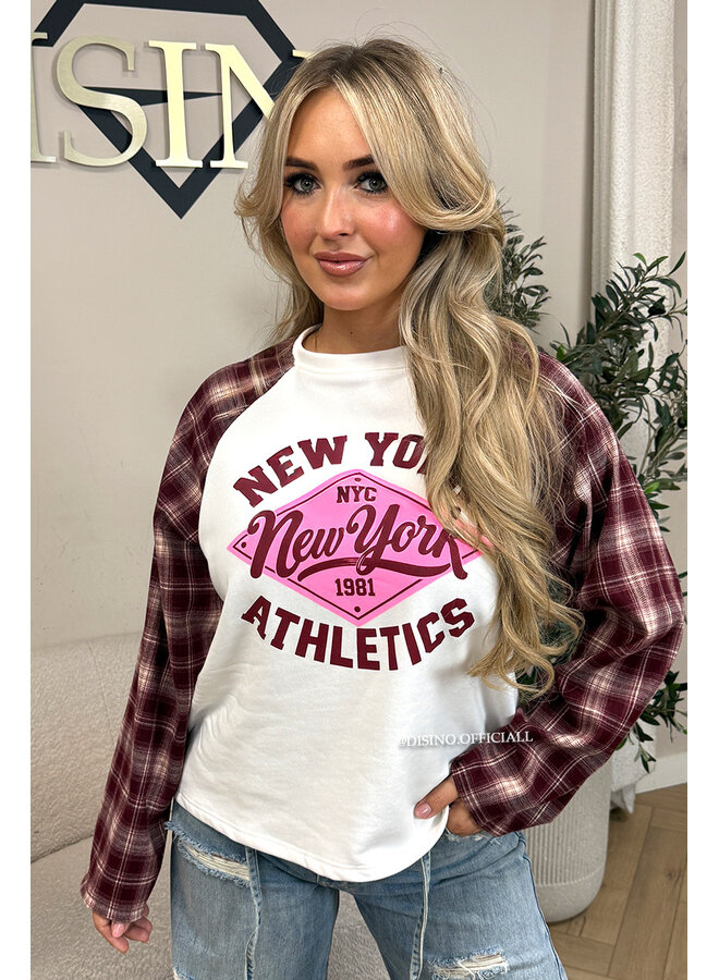 BURGUNDY - 'NEW YORK ATHLETICS' - OVERSIZED CHECKED SLEEVES LONGSLEEVE SWEATER