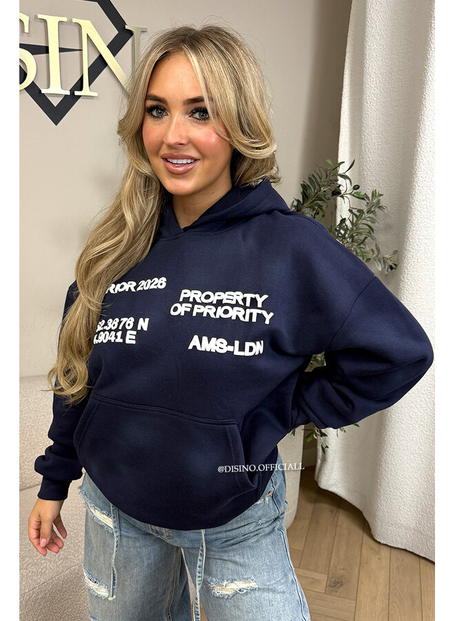 NAVY BLUE - 'AMS-LDN’ HOODIE – SUN FADED NAVY