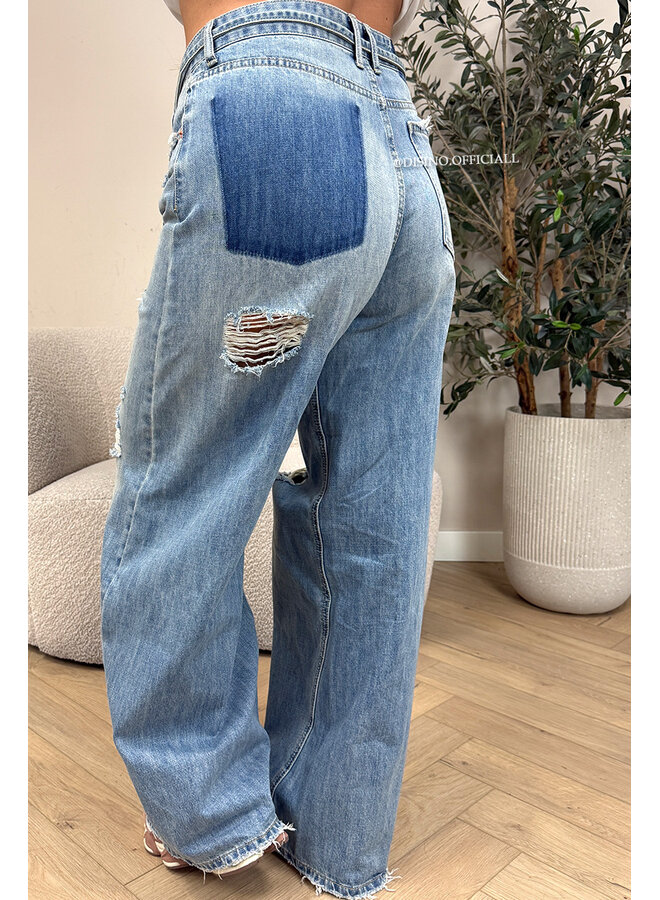 BLUE - 'MEMPHIS JEANS' - DESTROYED BAGGY WIDE LEG JEANS