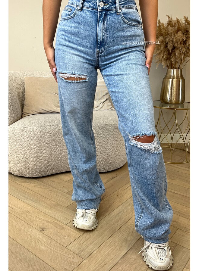 LIGHT BLUE - 'DISINO JEANS' - STRETCH EXTRA LONG RIPPED KNEE WIDE LEG JEANS