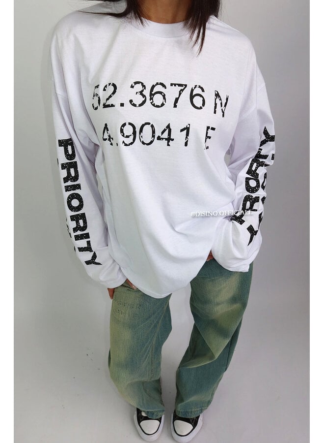 WHITE - 'COORDINATES LONGSLEEVE' - OVERSIZED PRIORITY LONGSLEEVE TOP