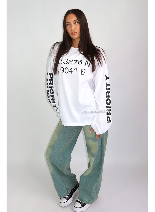 WHITE - 'COORDINATES LONGSLEEVE' - OVERSIZED PRIORITY LONGSLEEVE TOP