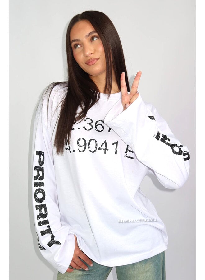 WHITE - 'COORDINATES LONGSLEEVE' - OVERSIZED PRIORITY LONGSLEEVE TOP