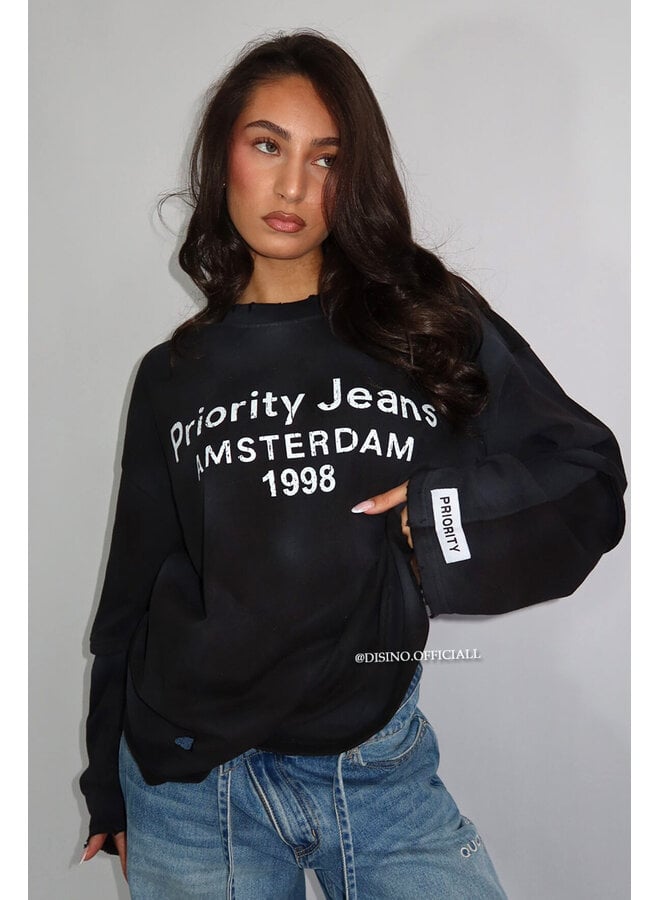 BLACK - 'DESTROYED LONGSLEEVE' - OVERSIZED PRIORITY AMSTERDAM LONGSLEEVE