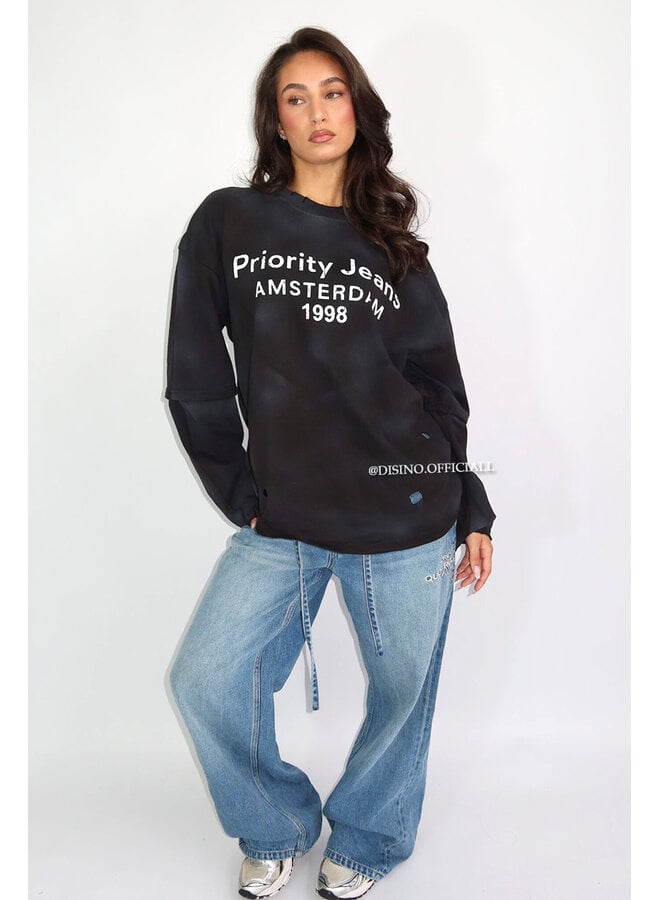 BLACK - 'DESTROYED LONGSLEEVE' - OVERSIZED PRIORITY AMSTERDAM LONGSLEEVE