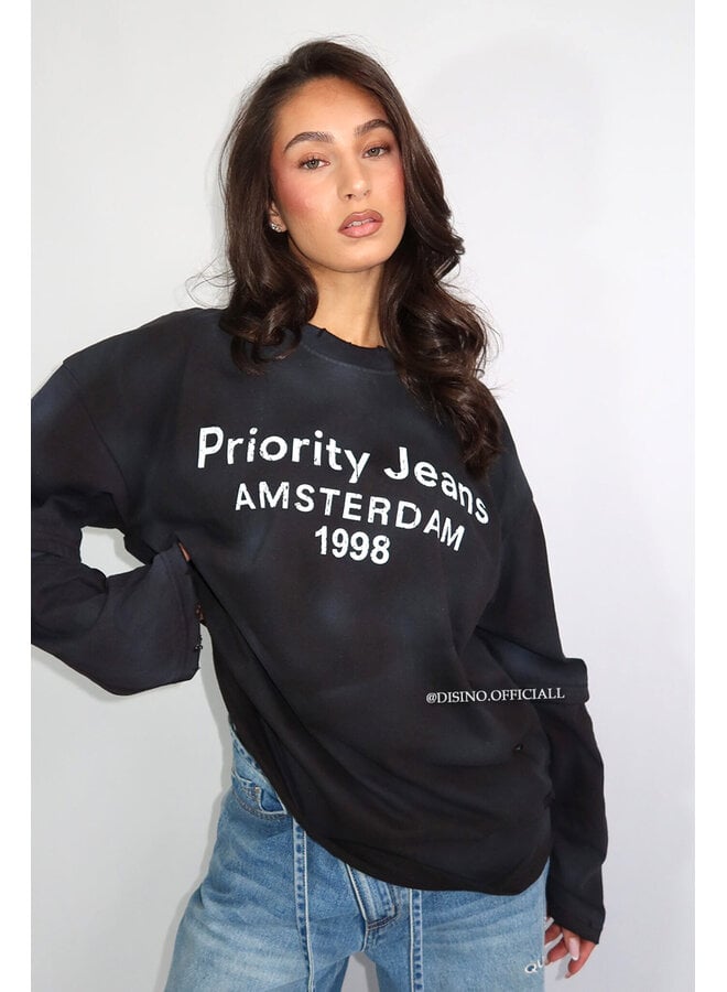 BLACK - 'DESTROYED LONGSLEEVE' - OVERSIZED PRIORITY AMSTERDAM LONGSLEEVE