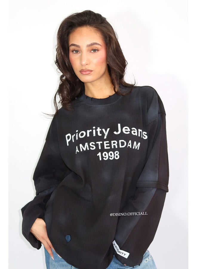 BLACK - 'DESTROYED LONGSLEEVE' - OVERSIZED PRIORITY AMSTERDAM LONGSLEEVE