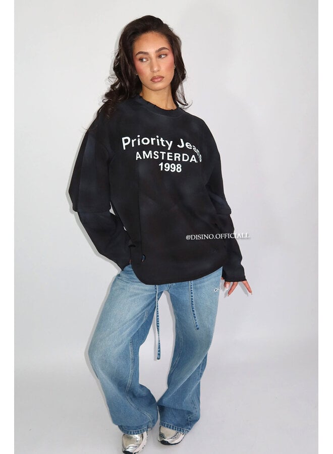 BLACK - 'DESTROYED LONGSLEEVE' - OVERSIZED PRIORITY AMSTERDAM LONGSLEEVE