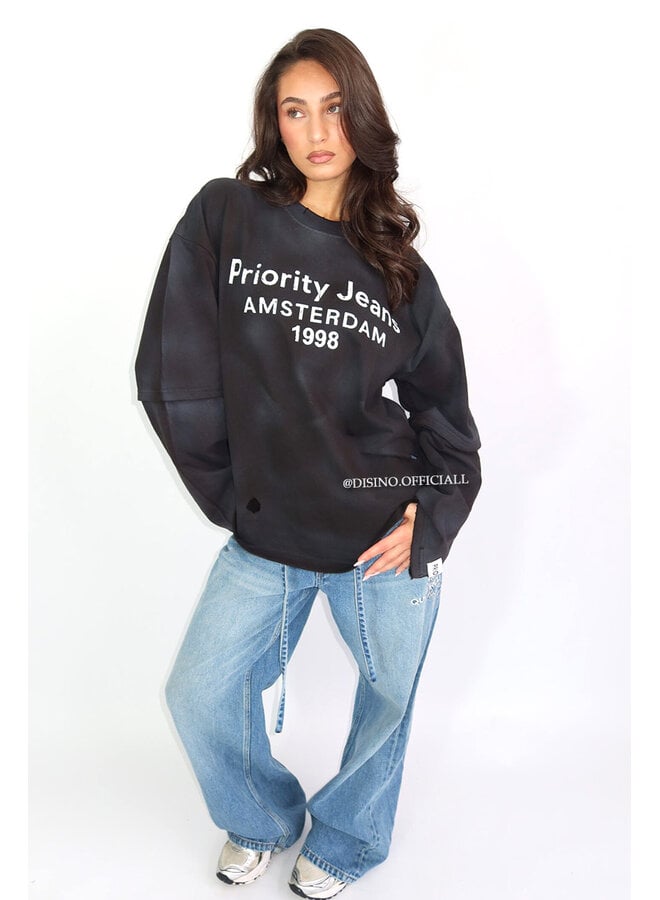 BLACK - 'DESTROYED LONGSLEEVE' - OVERSIZED PRIORITY AMSTERDAM LONGSLEEVE