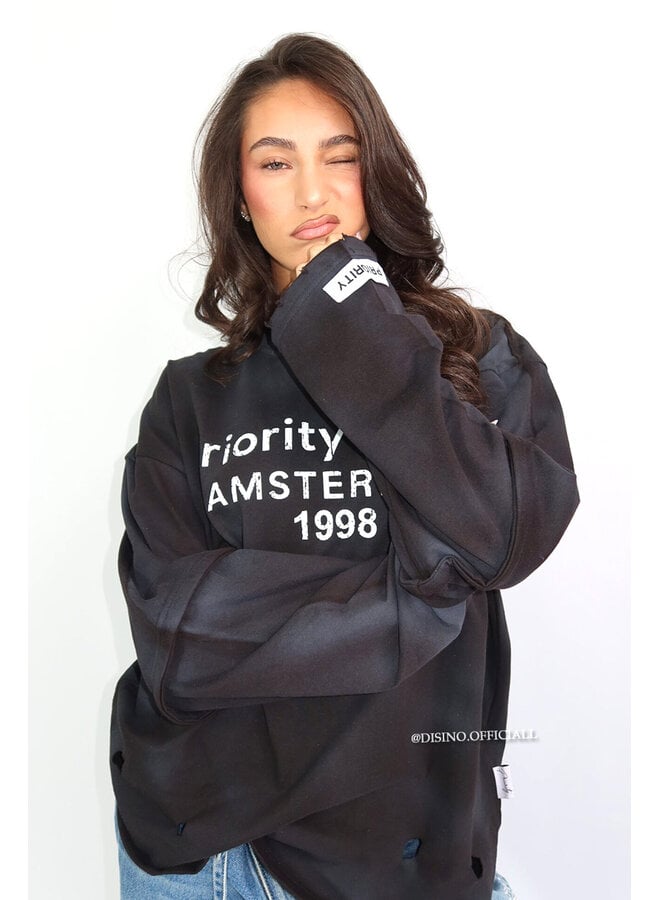 BLACK - 'DESTROYED LONGSLEEVE' - OVERSIZED PRIORITY AMSTERDAM LONGSLEEVE