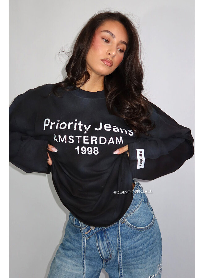BLACK - 'DESTROYED LONGSLEEVE' - OVERSIZED PRIORITY AMSTERDAM LONGSLEEVE