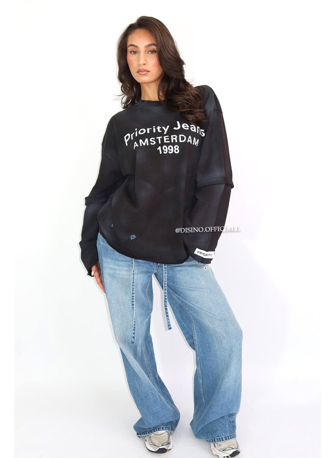 BLACK - 'DESTROYED LONGSLEEVE' - OVERSIZED PRIORITY AMSTERDAM LONGSLEEVE