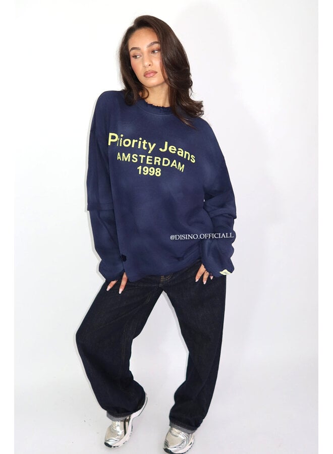 NAVY BLUE - 'DESTROYED LONGSLEEVE' - OVERSIZED PRIORITY AMSTERDAM LONGSLEEVE